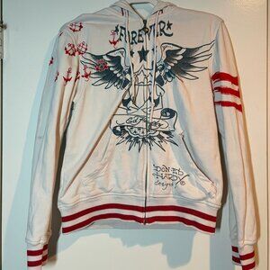 Vintage Ed Hardy Designs White Tattoo Logo Zip Hoodie Y2K Style Distressed Small